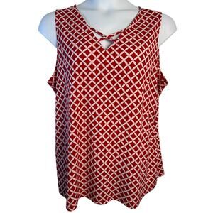 Susan Graver Womens XL Liquid‎ Knit Red & White Print Tank Top Sleeveless Resort